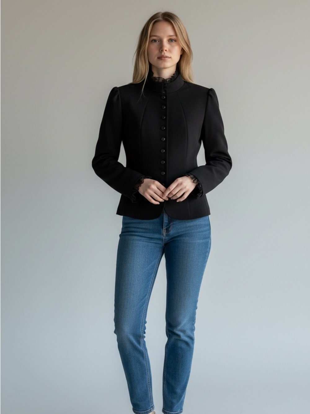 Antonio Melani black button-front jacket with ruffled collar and cuffs. Size 10